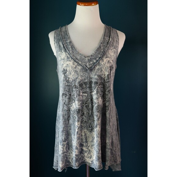Y2K  Women High Low V Neck Tank Top  Grey Embellished Crown Cyber Grunge Large - Picture 1 of 10